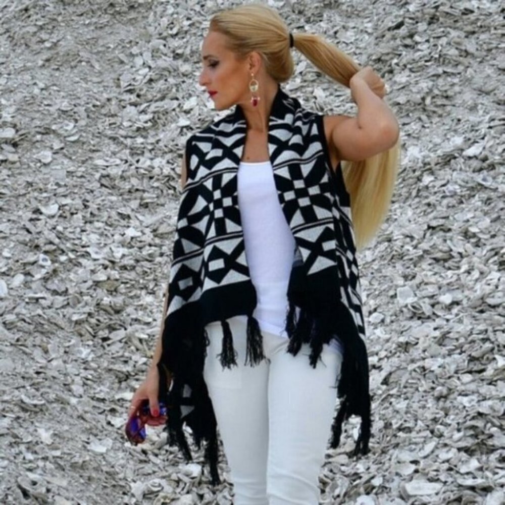 Fringe Open Front Knit Vest - Black